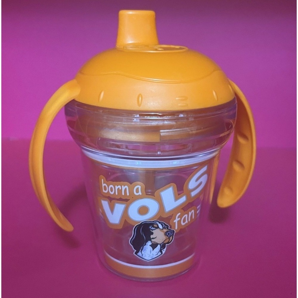 Tervis Sippy‎ Cup 6oz Tennessee Vols Born A Vols Fan 2 handles Clear/Orange GUC
